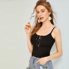 Romwe Eyelet Lace-up Front Ribbed Cami Top