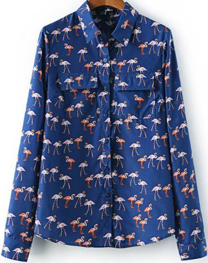 Romwe Crane Print Pockets Blouse
