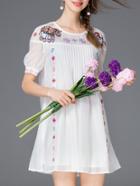 Romwe White Embroidered Pleated Shift Dress