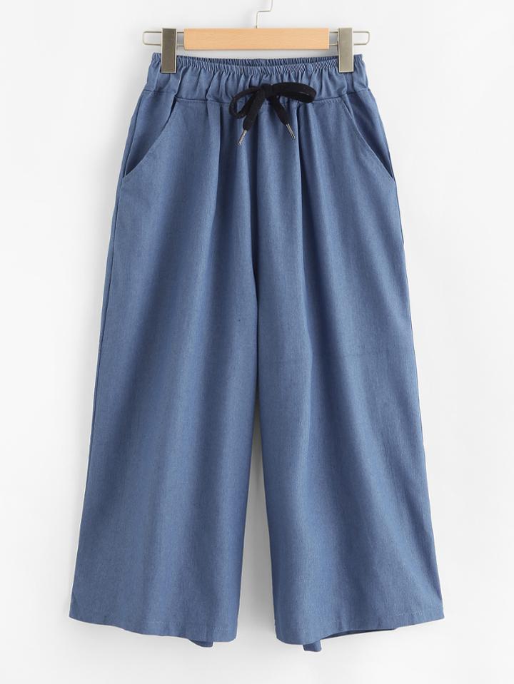 Romwe Denim Drawstring Waist Wide Leg Pants