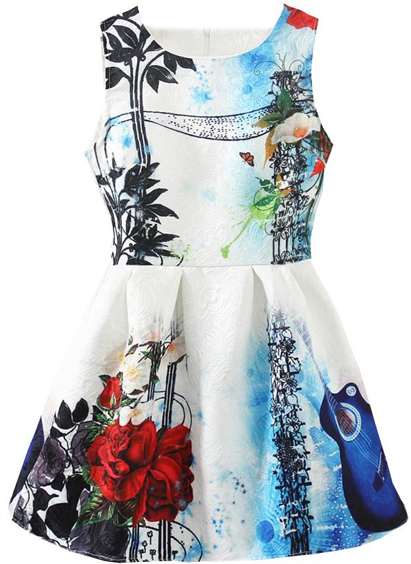 Romwe Round Neck Sleeveless Rose Guitar Print Flare Dress