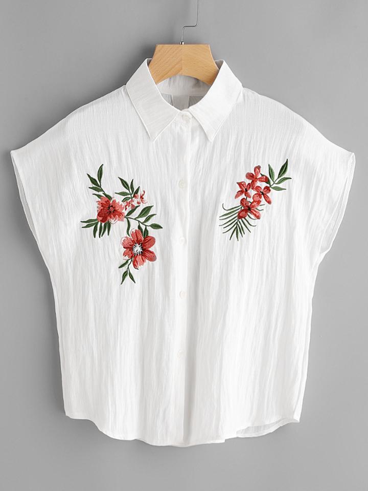 Romwe Cap Sleeve Floral Embroidered Pleated Blouse
