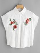 Romwe Cap Sleeve Floral Embroidered Pleated Blouse