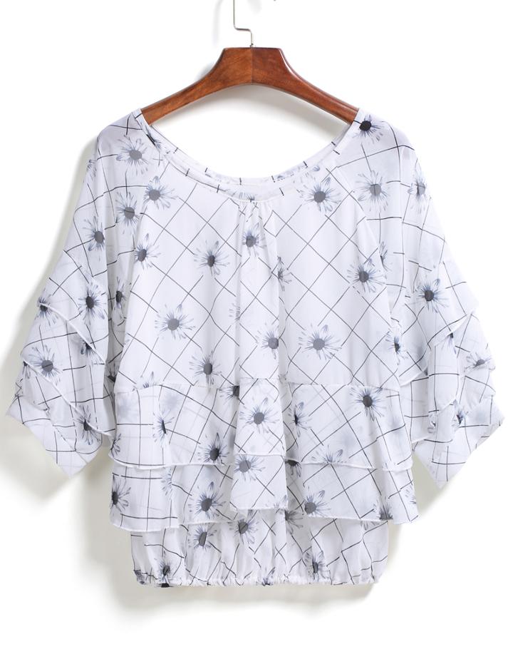 Romwe Flower Print Multilayers Chiffon Top