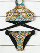 Romwe Geometric Print Tied Detail Bikini Set