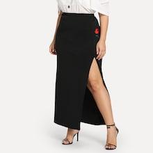 Romwe Plus Rose Embroidery Split Side Skirt