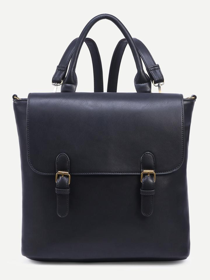 Romwe Black Dual Buckle Strap Flap Multiway Backpack
