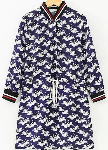Romwe Swan Print Drawstring Dress