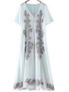 Romwe White Buttons V Neck Embroidery Chiffon Maxi Dress