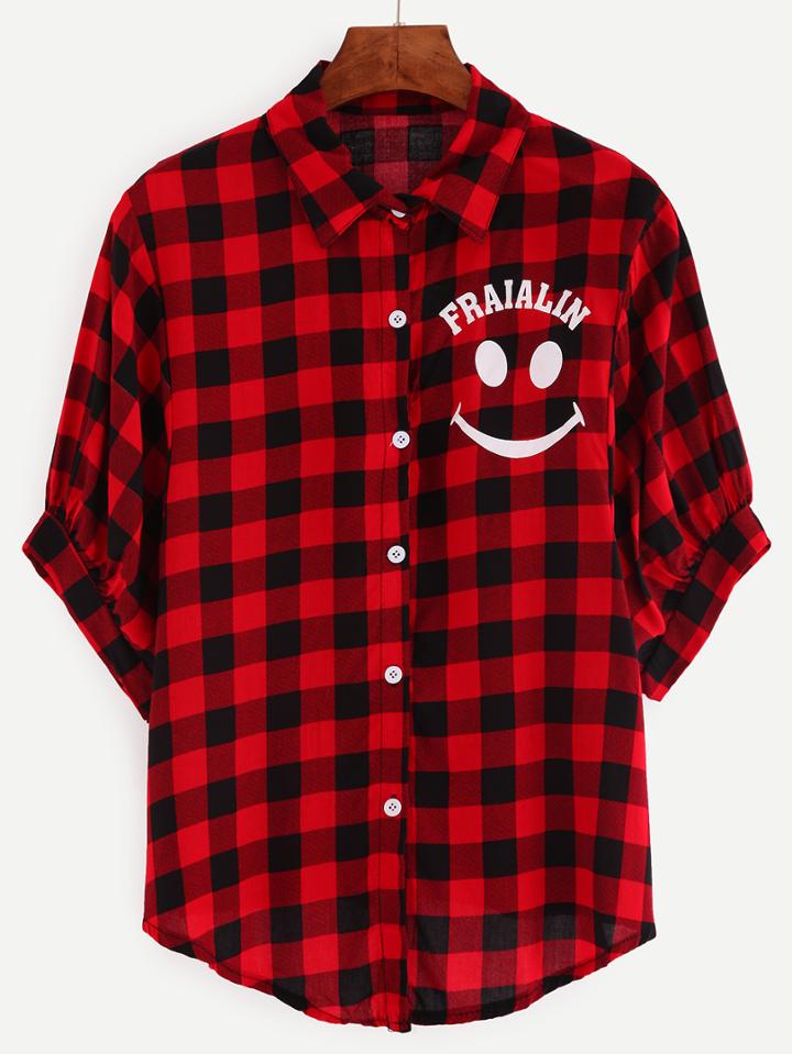 Romwe Plaid Smile Print Blouse