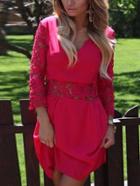 Romwe Deep V Neck Lace Insert Flippy Red Dress