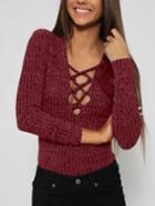 Romwe Lace-up Slim Knit Burgundy Sweater
