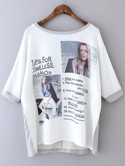 Romwe Colour-block Beauty Print Loose T-shirt