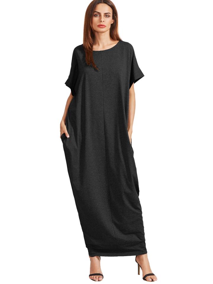 Romwe Black Short Sleeve Pockets Maxi Dress