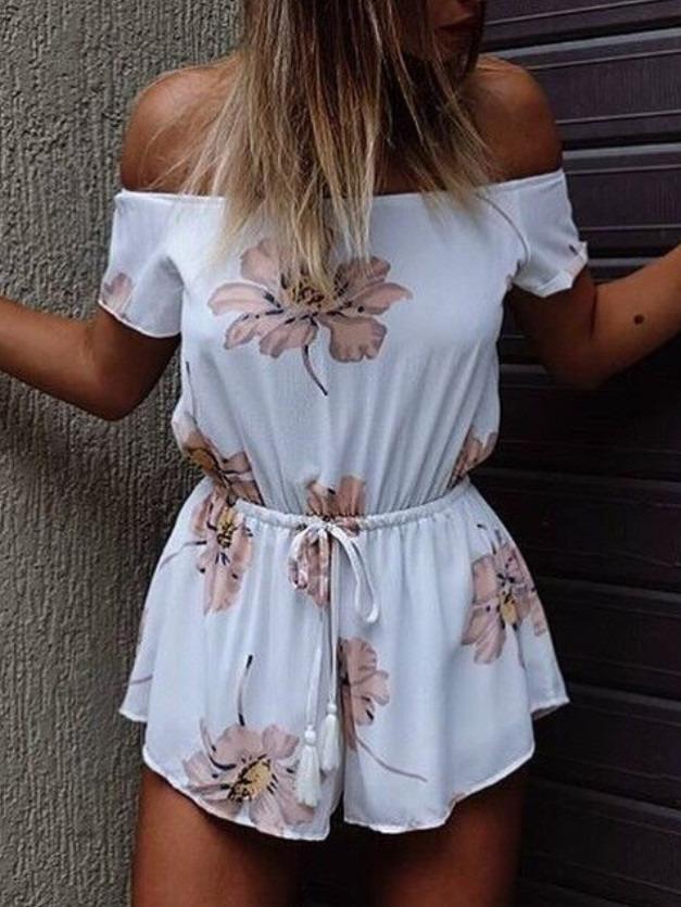 Romwe Off The Shoulder Flower Print Romper