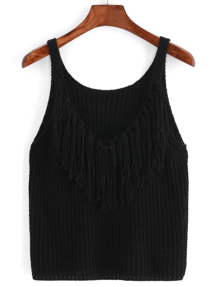 Romwe V Neck Fringe Black Tank Top