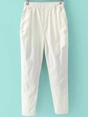 Romwe Elastic Waist Casual White Pant