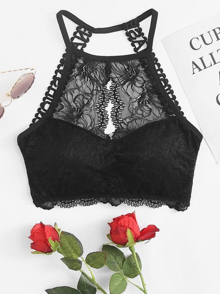 Romwe Lace Open Back Halter Top