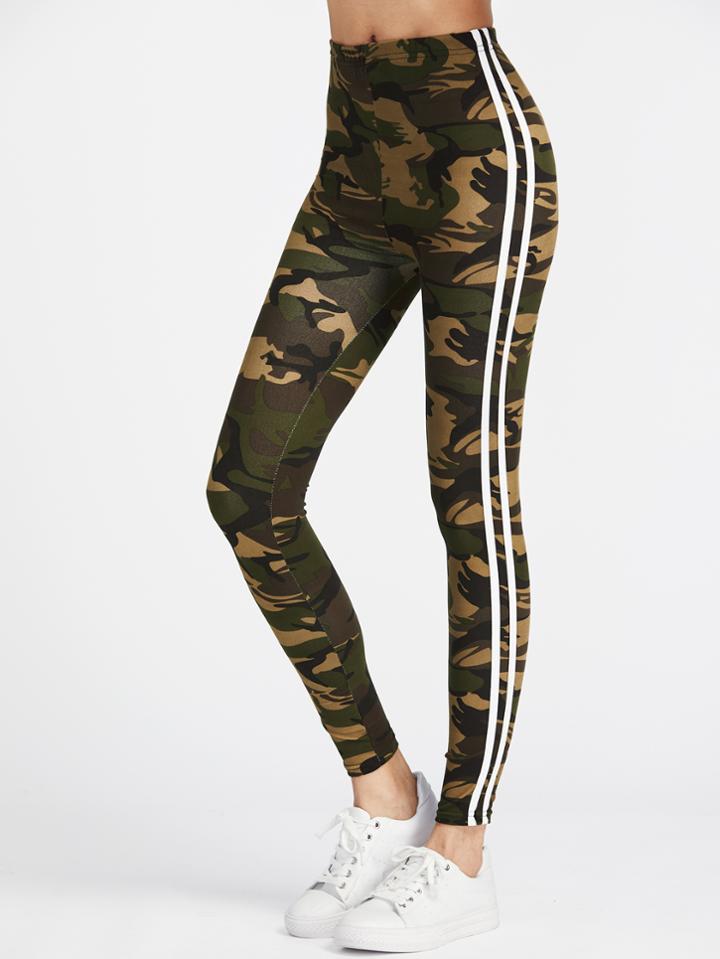 Romwe Camo Print Striped Side Leggings