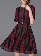 Romwe Burgundy Color Block Belted Lace Dress