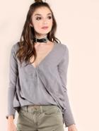 Romwe Grey Striped V Neck Wrap Long Sleeve T-shirt