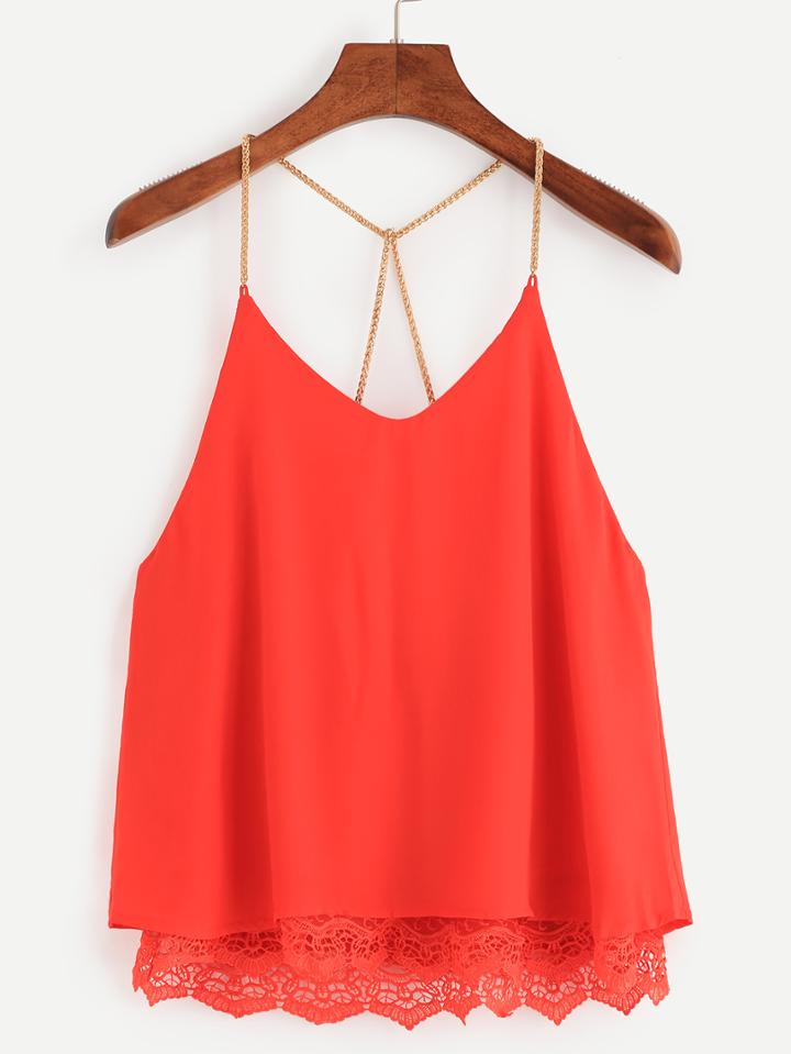 Romwe Red Lace Trimmed Chain Strap Chiffon Cami Top