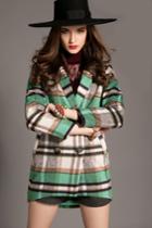 Romwe Green Long Sleeve Plaid Double Breasted Woolen Coat