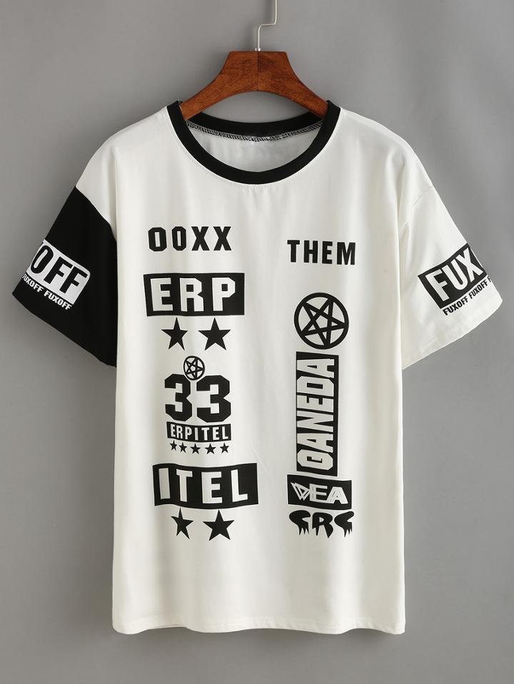 Romwe Contrast Varsity Print T-shirt