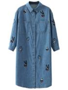 Romwe Blue Embroidery Denim Shirt Dress