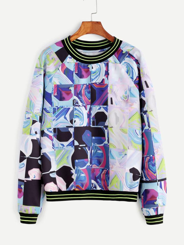 Romwe Purple Abstract Print Striped Trim Sweatshirt