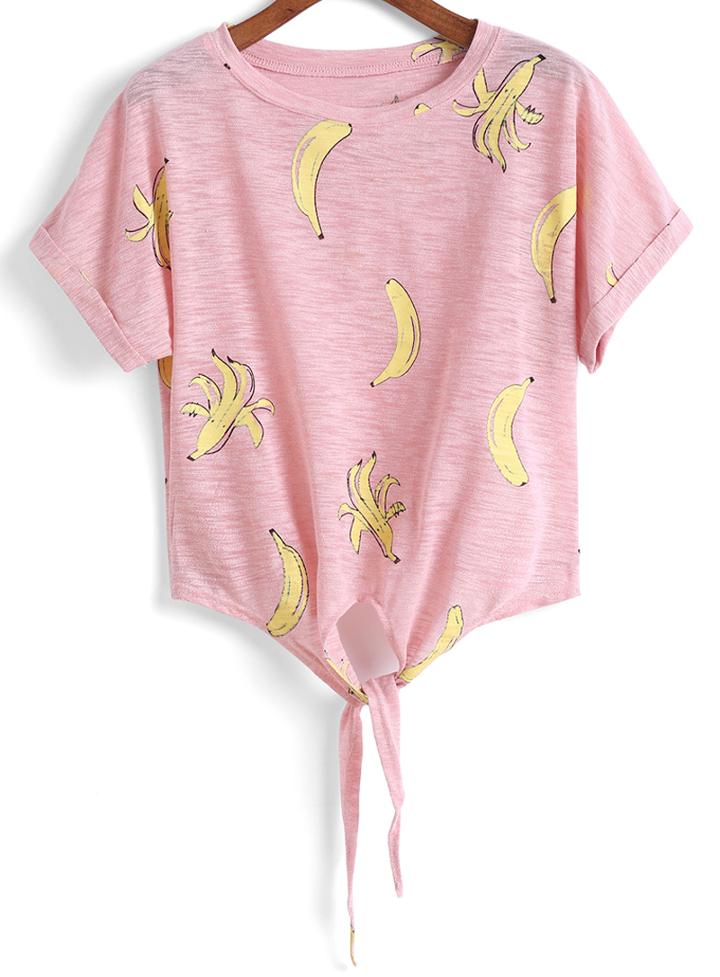 Romwe Banana Print Cuffed Knotted Top