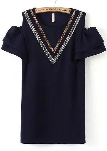 Romwe Open Shoulder Embroidered Shift Navy Dress