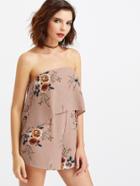 Romwe Khaki Floral Print Strapless Zipper Back Romper
