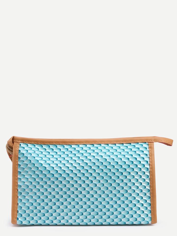 Romwe Blue Contrast Trim Hexagon Embossed Makeup Bag