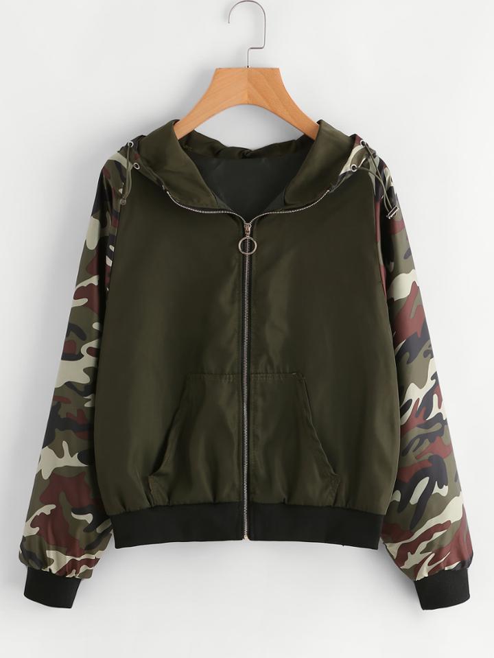 Romwe Camo Print Sleeve Hooded Zip Up Jacket