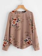 Romwe Flower Print Keyhole Back Curved Hem Blouse