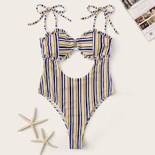 Romwe Striped Cutout Frill Trim One Piece Swimsuit