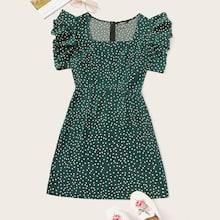 Romwe Gathered Sleeve Polka Dot Dress
