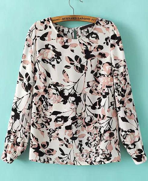 Romwe White Long Sleeve Floral Split Chiffon Blouse