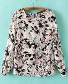 Romwe White Long Sleeve Floral Split Chiffon Blouse