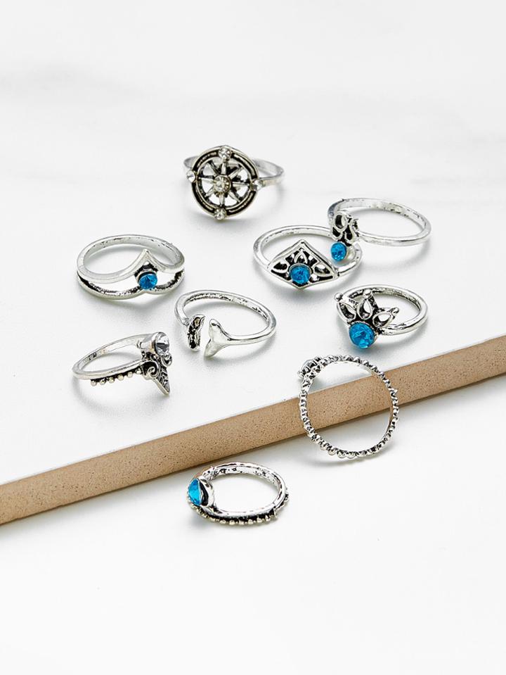 Romwe Rhinestone Multi Shaped Ring Set 9pcs