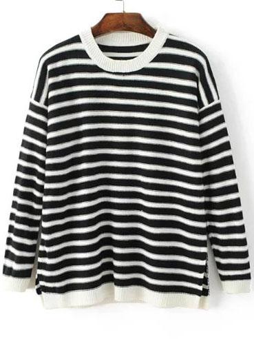 Romwe Black Contrast Striped Heart Elbow Patch Sweater