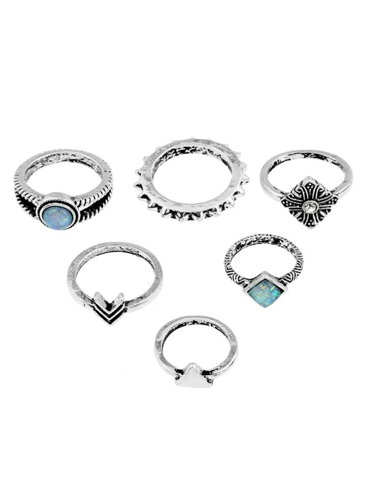 Romwe Rhinestone Engraved Ring Set 6pcs