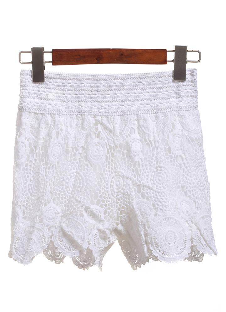 Romwe Elastic Waist Lace Crochet White Short