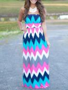 Romwe Red Chervon Print Tube Maxi Dress
