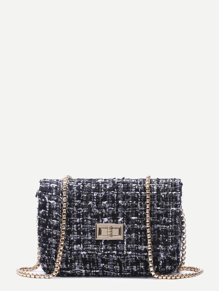 Romwe Black Woolen Box Bag With Chain Strap