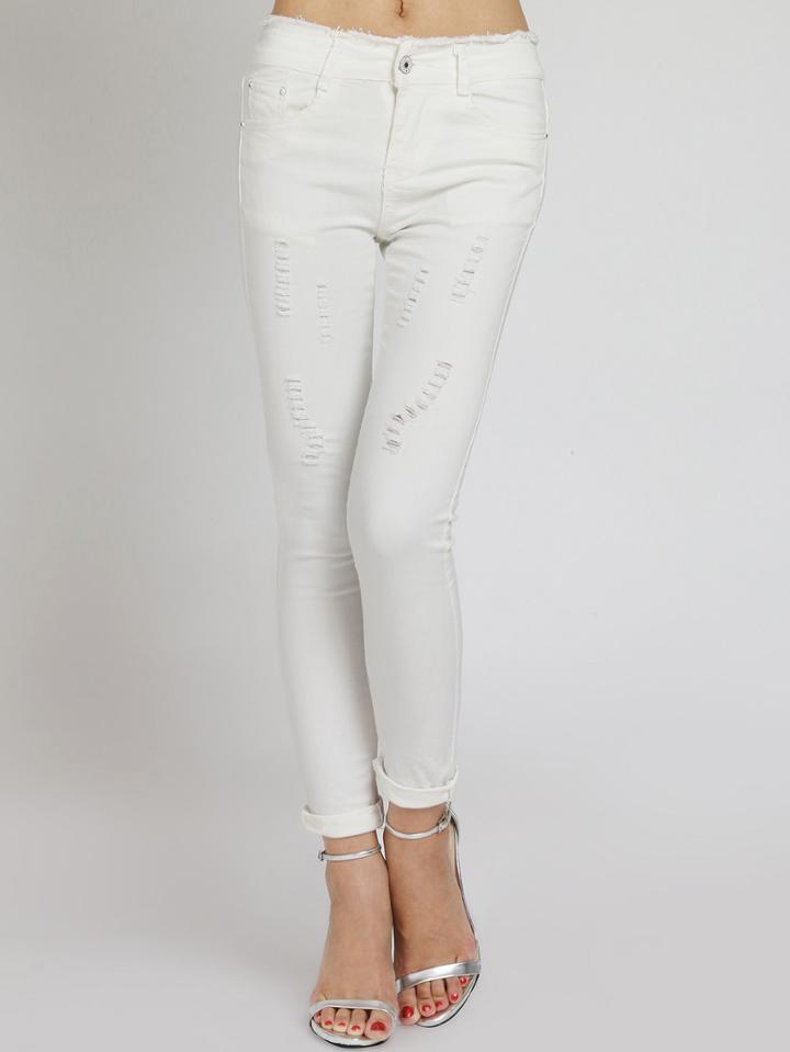 Romwe Ripped Fringe Denim Slim White Pant