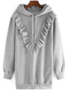 Romwe Hooded Long Sleeve Ruffle Grey Sweatshirt