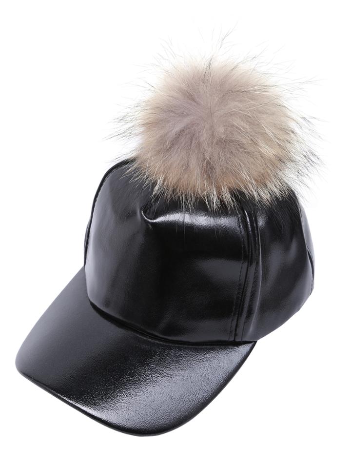 Romwe Black Faux Leather Detachable Pom Pom Baseball Cap