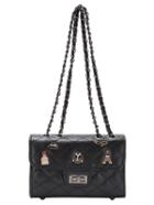Romwe Quilted Metal Charms Chain Flap Bag - Black